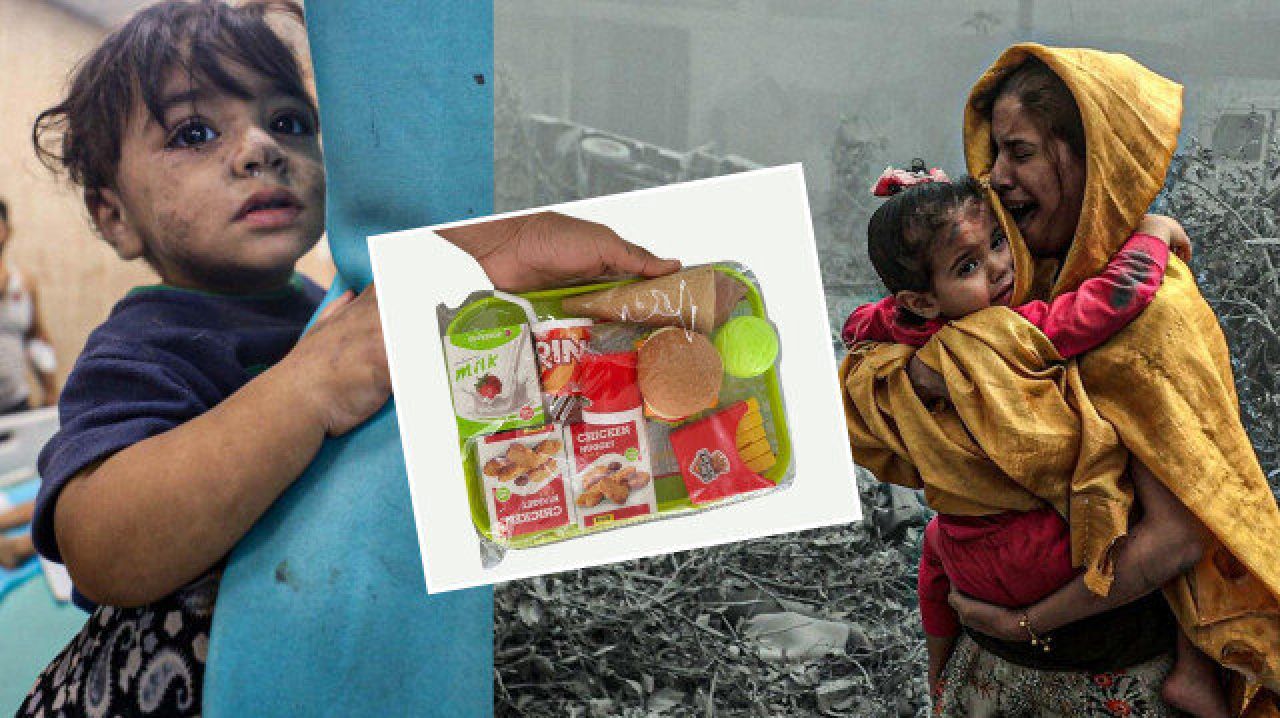 BM'den büyük rezalet! Gazzeli çocuklara yiyecek yerine oyuncak hamburger gönderdiler