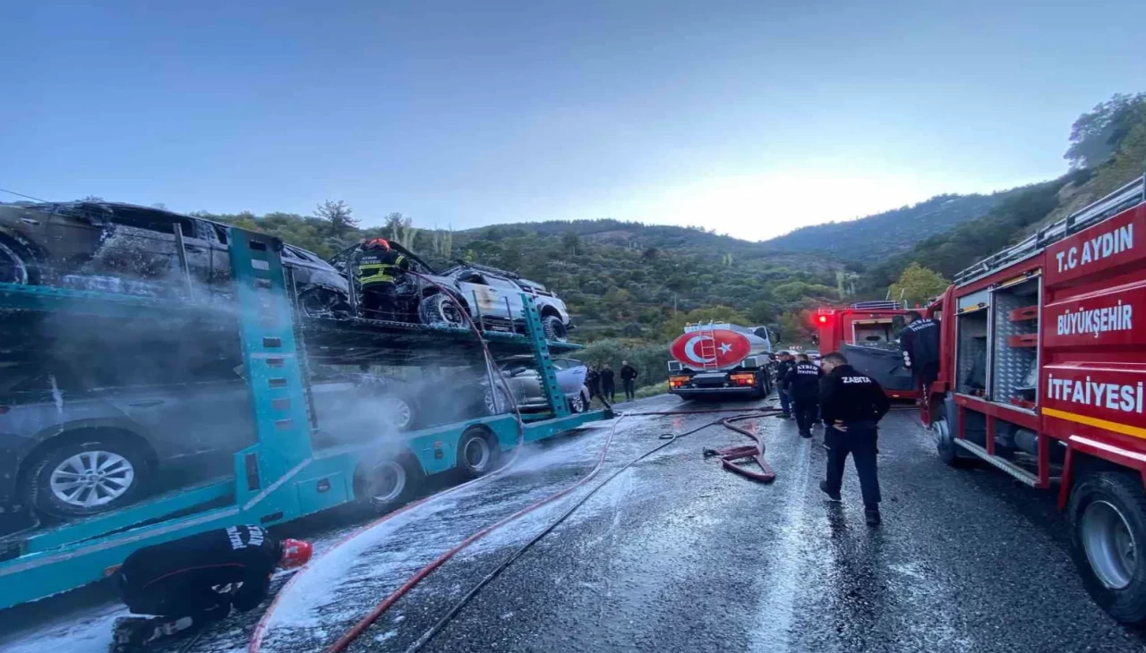 Bozdoğan’da yol kenarında panik: Araç yüklü tır yandı