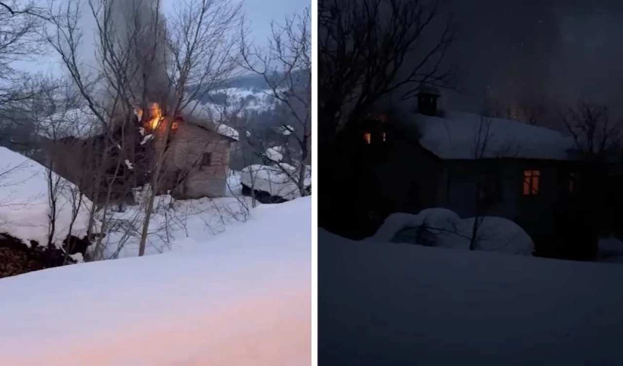 Yolu ulaşıma kapanan ev alevlere teslim oldu