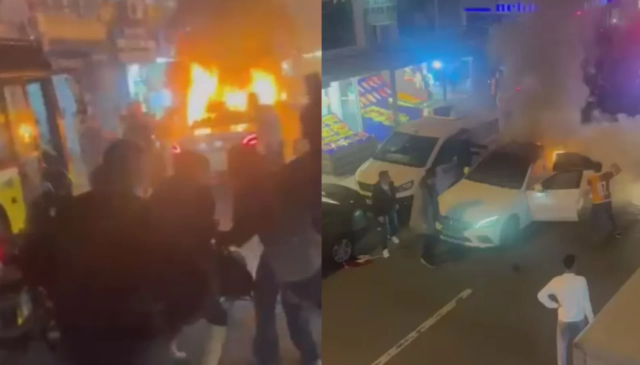 Küçükçekmece'de şampiyonluk kutlamalarında içerisinde havai fişek patlayan otomobil yandı