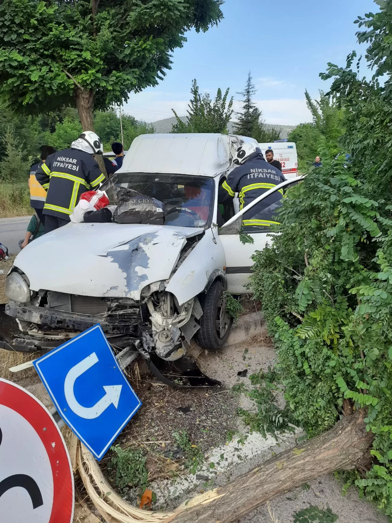Tokat'ta hafif ticari araç ağaca çarptı: 4 yaralı
