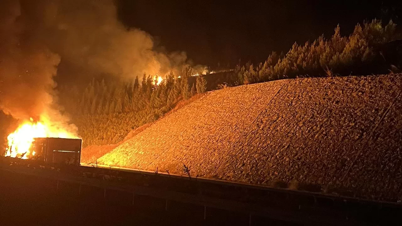 Devrilen kamyon yangın çıkardı! Alevler ormana sıçradı