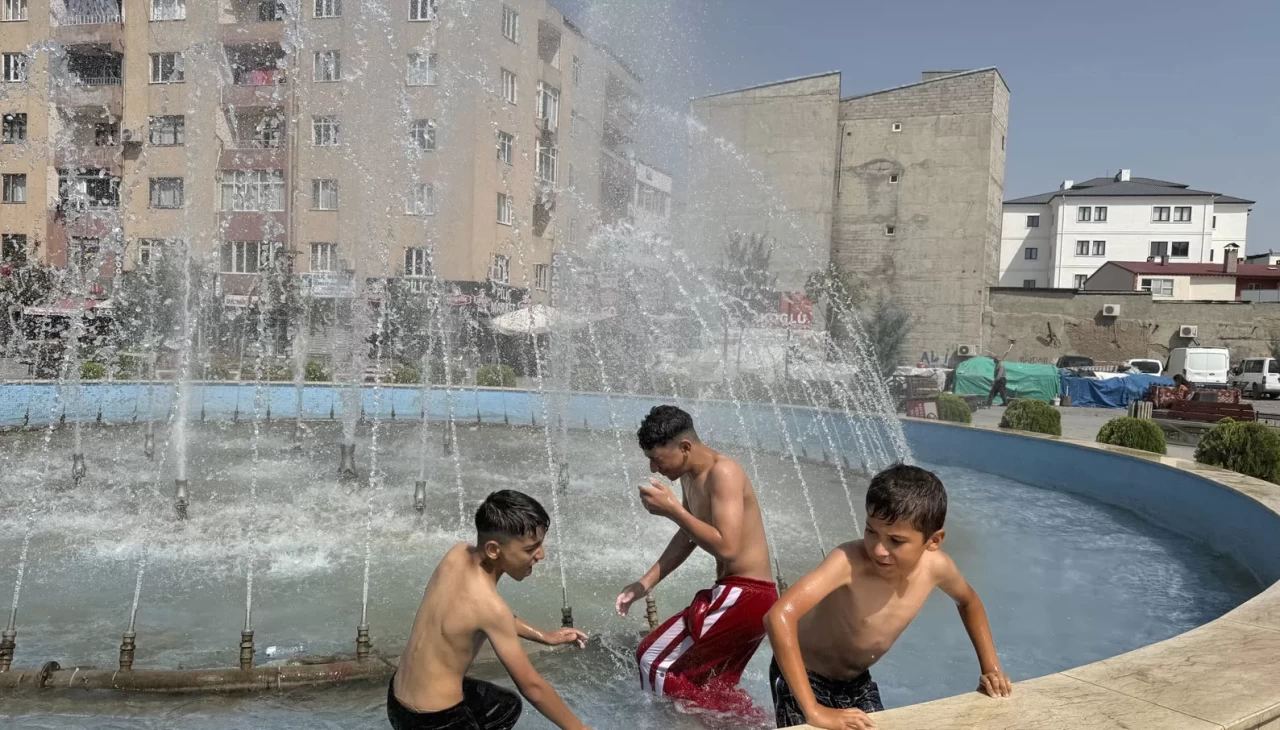 Iğdır'da kavurucu sıcakta tehlikeli serinlik, çocuklar süs havuzuna girdi