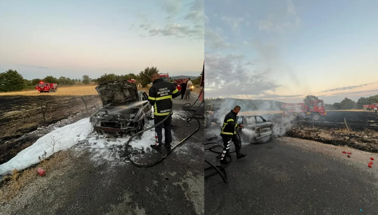 Çanakkale'de yanan araçtaki alevler tarlaya sıçradı