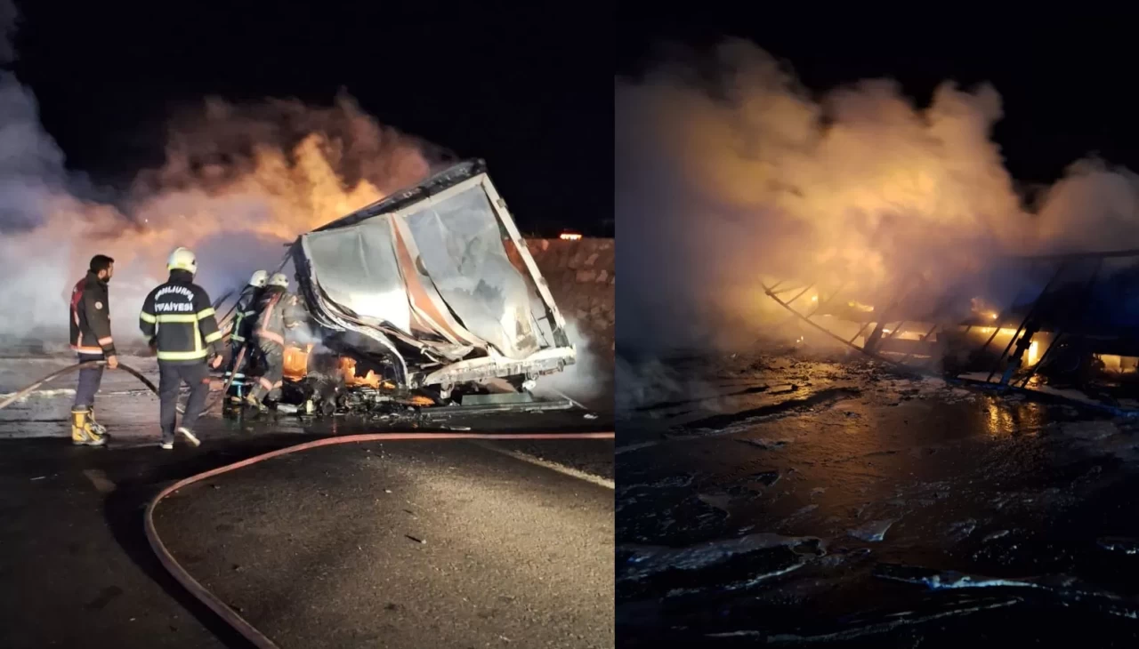 Şanlıurfa'da alev alev yanan tır hurda yığınına döndü