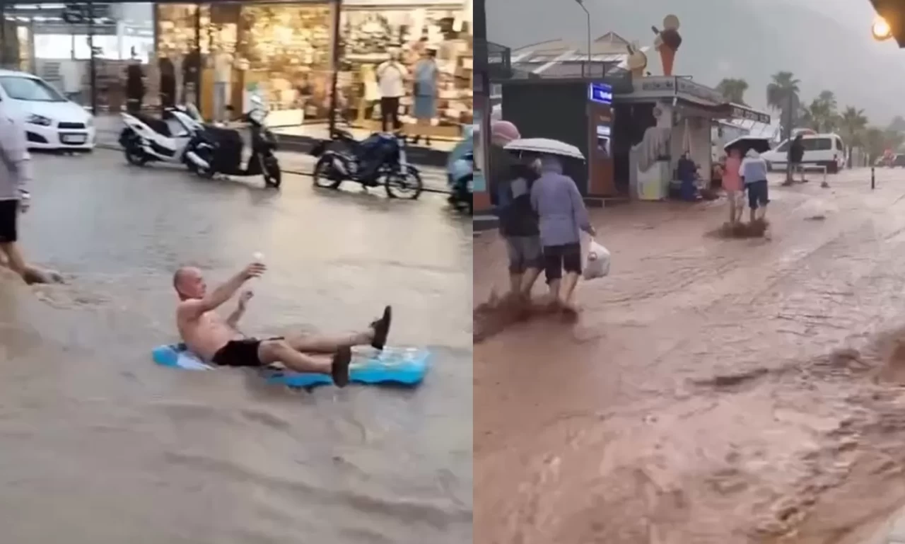 Fethiye’de turistler sel sularında eğlendi