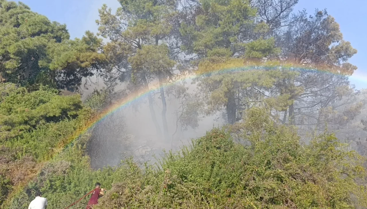Orman yangınında uçaktan atılan su gökkuşağı oluşturdu
