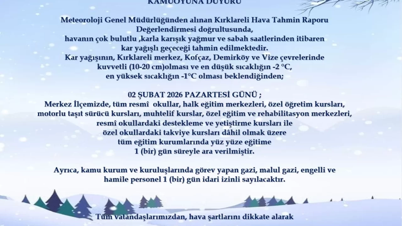 Kırklareli kara teslim: Kar kalınlığı 20 santimetreyi bulacak, eğitim durdu!