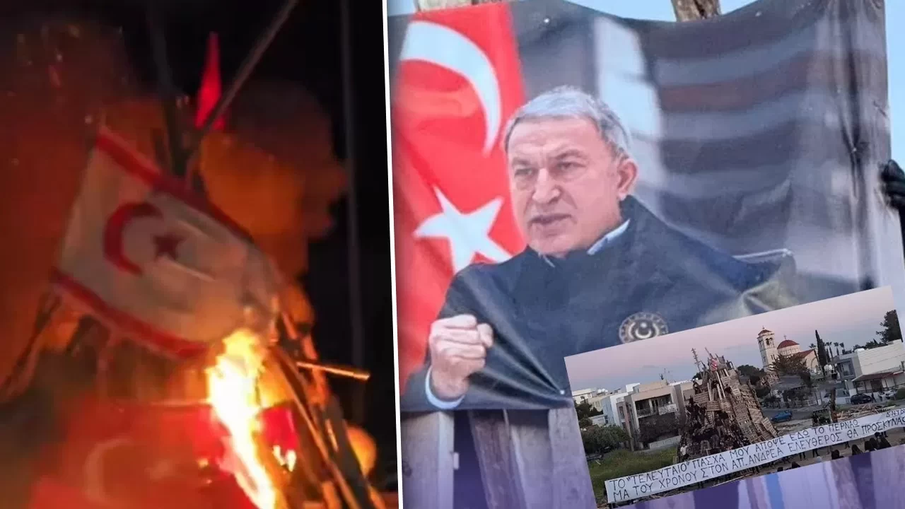 Paskalya kutlamalarında çirkin provokasyon! Türk ve KKTC bayrağından sonra Hulusi Akar'ın posterini de yaktılar