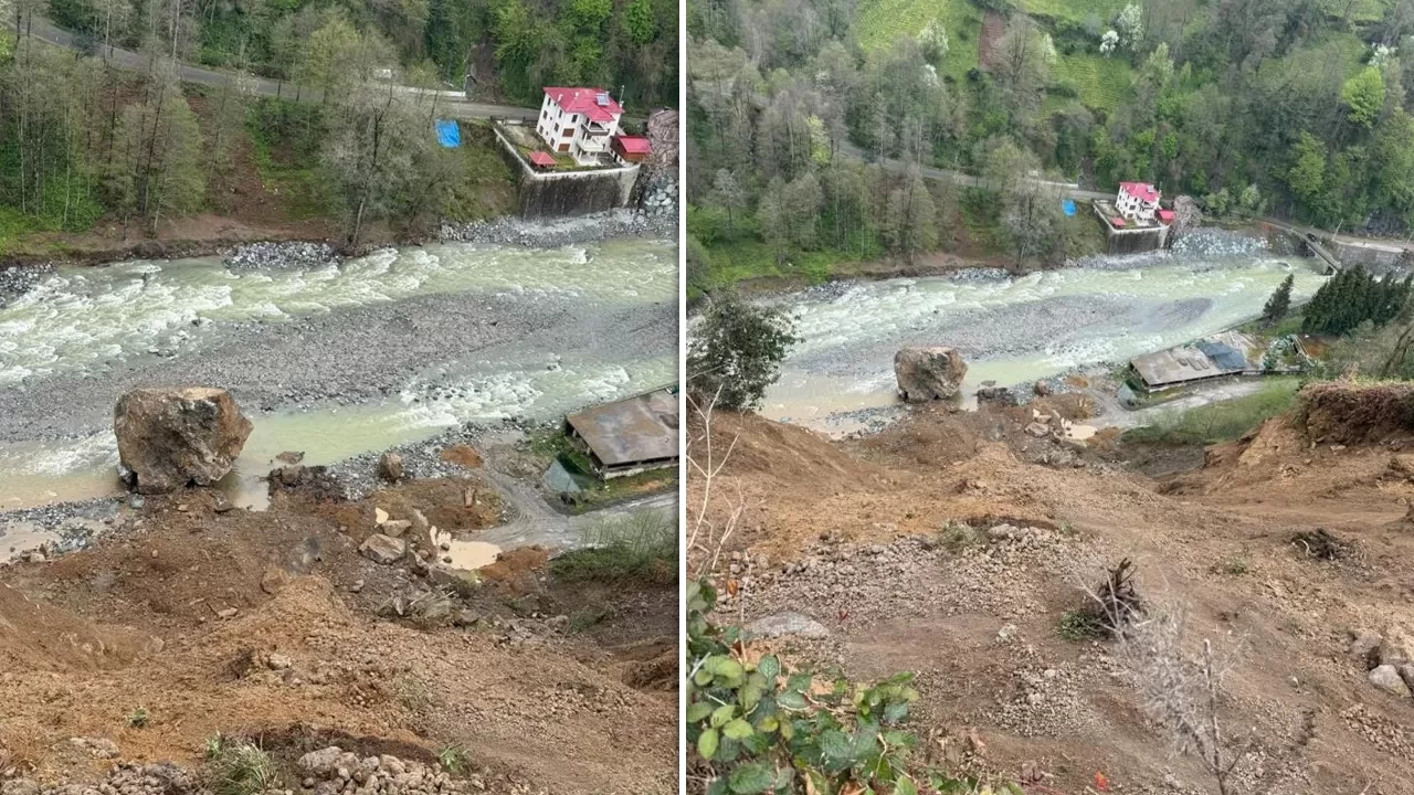 Ardeşen’de heyelan: Dev kaya dere yatağına indi