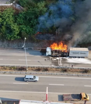 Giresun'da mobilya yüklü TIR alevlere teslim oldu!