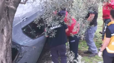 Otomobil zeytin bahçesine uçtu: 2 kişi yaralandı
