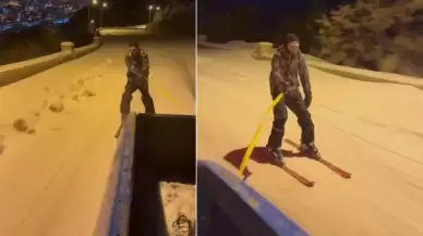 Gümüşhane’de tarihi mahallenin yolunda kayak heyecanı