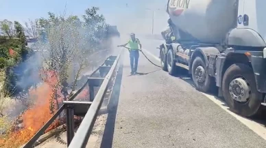 Aydın-Denizli Otobanı'nda çıkan yangına beton mikseriyle müdahale