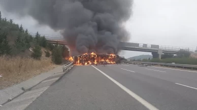 Tarsus'ta kaza yapan elyaf yüklü tır alev alev yandı