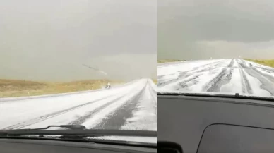 Kars-Selim karayolu dolu yağışıyla beyaza büründü