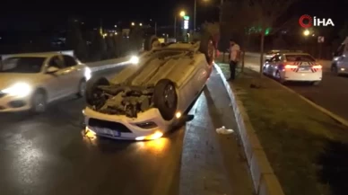 Refüje çarparak ters dönen araçtan burnu kanamadan çıktı