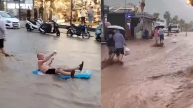 Fethiye’de turistler sel sularında eğlendi