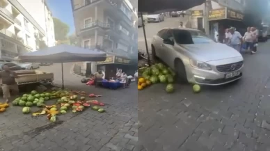 Semt pazarına dalan sürücü lüks aracıyla karpuzları ezdi!