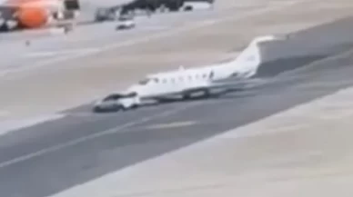 Havalimanı'nda özel jete araba çarptı