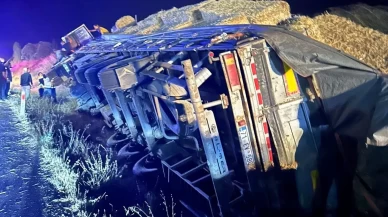 Uşak’ta saman yüklü tır yol kenarına devrildi