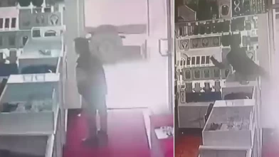 Masanın üstüne çıkıp vitrindeki telefonları alarak kaçtı