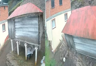 Trabzon'da sağanak heyelana neden oldu: Serendinin yıkıldığı anlar kamerada