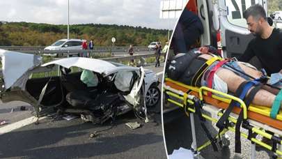 TEM Otoyolu'nda kaza! Otomobil ikiye bölündü