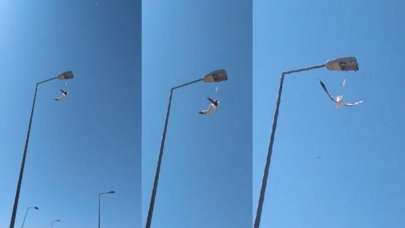 Ayağına maske takılan martı, direkte asılı kaldı