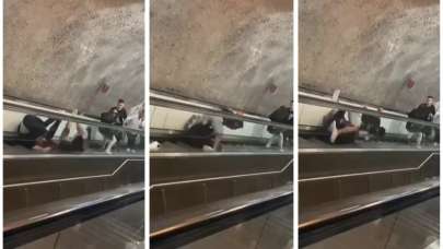 Metroda pes dedirten kavga: Yürüyen merdivenlerde yuvarlanarak kavga ettiler