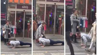 Çarşı ortasında eşine şınav çektirdi