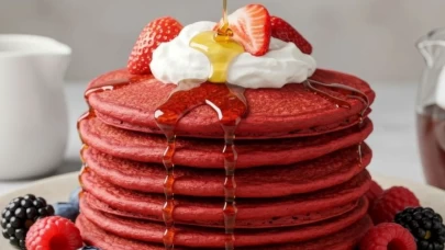 Kırmızı kadife pankek ile masaya dakikalar içinde büyü katın