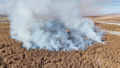 Tamamen kuruyan Gök Gölü’nde sazlık yangını iki gündür sürüyor