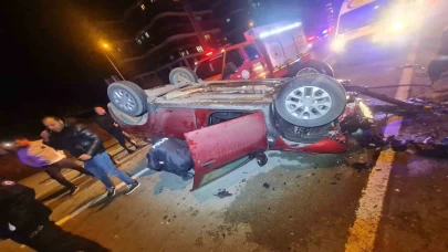 Rize'de otomobil refüje çarpıp takla attı!