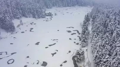 Gölcük Tabiat Parkı'nda karlar altında gizlenen güzellik havadan görüntülendi