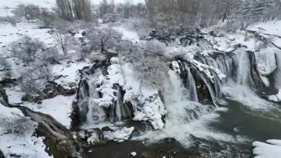 Van'ın yüksek dağlarıyla çevrili Muradiye Şelalesi beyaz bir örtüyle kaplandı