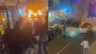 Küçükçekmece'de şampiyonluk kutlamalarında içerisinde havai fişek patlayan otomobil yandı
