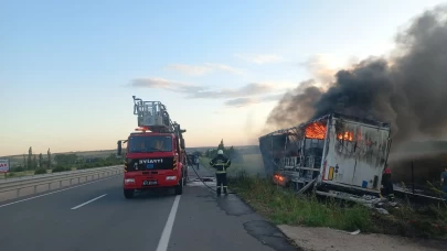 Çanakkale'de alkollü sürücünün kullandığı tır devrilip alev alev yandı