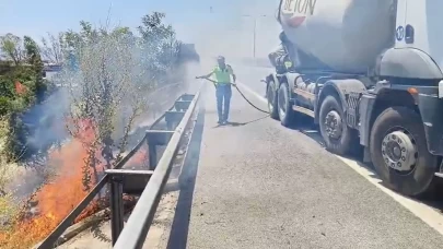 Aydın-Denizli Otobanı'nda çıkan yangına beton mikseriyle müdahale