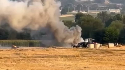 Bolu’da balya makinesi yandı, tarlada anız yangını çıktı