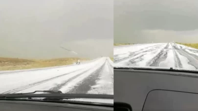 Kars-Selim karayolu dolu yağışıyla beyaza büründü