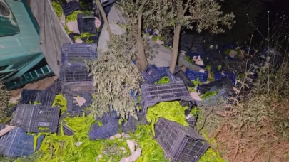 Devrilen kamyon metrelerce sürüklendi!