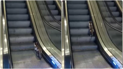 Havalimanında kedinin yürüyen merdivenle imtihanı