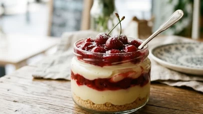 Vanilyalı pudingli ve vişne taneli magnolia