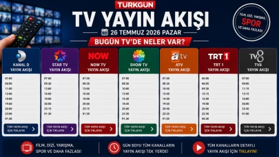 TV YAYIN AKIŞI 26 TEMMUZ 2026 - GÜNCEL LİSTE || Bu akşam televizyonda neler var? İşte Kanal D, Show TV, TRT 1, TV8, Star TV, Now TV, ATV yayın akışı ve tv rehberi...