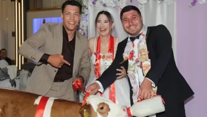 Tekirdağ’da düğünün takısı buzağı oldu!