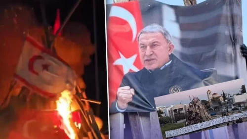 Türk ve KKTC bayrağından sonra Hulusi Akar'ın posterini de yaktılar