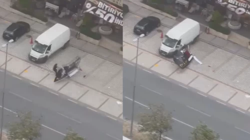 Avcılar'da fırtınanın uçurduğu tabela yayanın üzerine devrildi