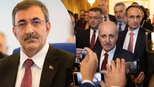 Cumhurbaşkanı Yardımcısı Yılmaz ve TBMM Başkanı Kurtulmuş, TBMM resepsiyonunda bir araya geldi