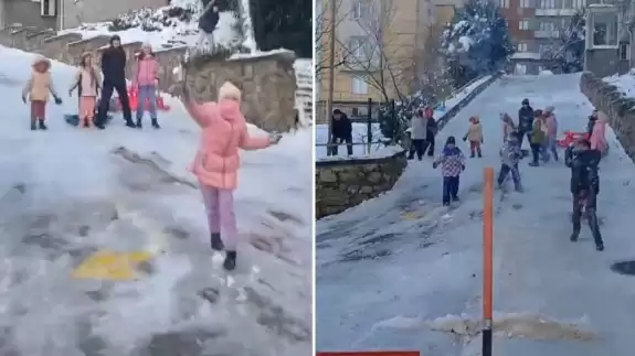 Pendik'te çocuklar kar topu ile kar küreme aracını püskürttü